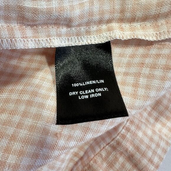Lafayette 148 Linen Gingham Blouse Women’s Small Peach Check 3/4 Sleeve Bow Cuff - Picture 8 of 10